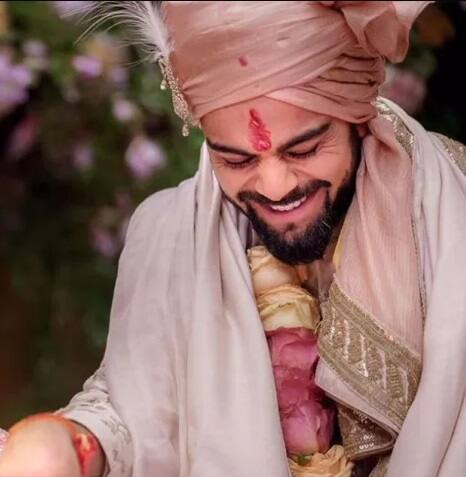 The groom looked smart in an ivory raw silk sherwani hand-embroidered in a vintage Benarasi pattern, with an old rose silk kota safa. Image- Twitter & Instagram