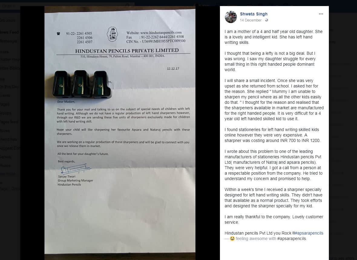 Thane: Mother writes letter to company describing left-handed daughters problem; receives customized sharpeners
