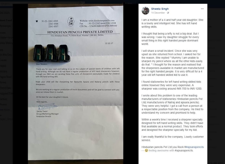 Mother writes letter to company describing Left-Handed daughters problem; receives customized sharpeners Thane: Mother writes letter to company describing left-handed daughters problem; receives customized sharpeners