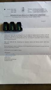 Thane: Mother writes letter to company describing left-handed daughters problem; receives customized sharpeners