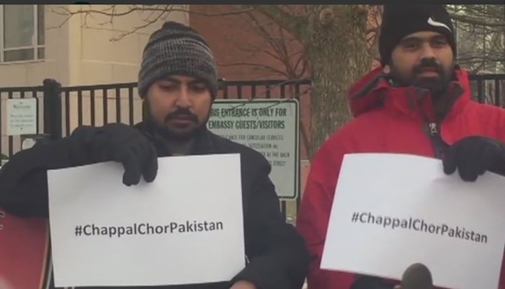 ‘Chappal Chor Pakistan’ protest outside Pakistan Embassy over Kulbhushan’s family treatment 'Chappal Chor Pakistan' protest outside Pakistan Embassy over Kulbhushan's family treatment