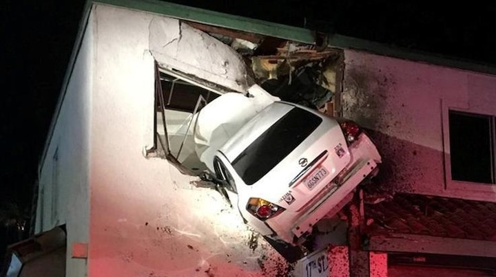 A car literally flies into the 2nd floor of a California building in a bizarre crash In a bizarre crash, a car literally FLIES into the 2nd floor of a California building