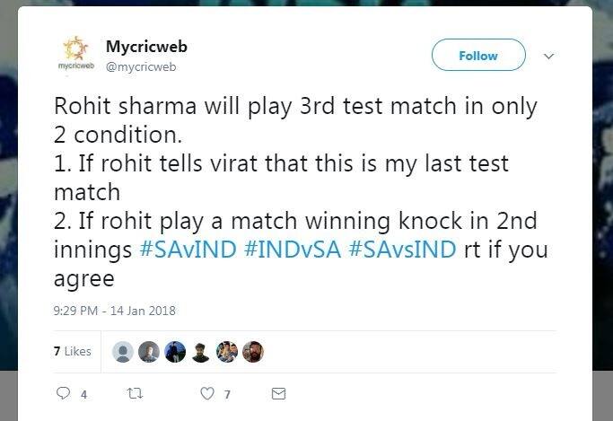 एक पेज ने लिखा, 'रोहित दो कंडीशन्स में तीसरा टेस्ट खेल सकते हैं. अगर रोहित दूसरी इनिंग में मैच विनिंग पारी खेल दे या फिर वो कह दें कि तीसरा टेस्ट मेरे करियर का आखिरी टेस्ट मैच है.'