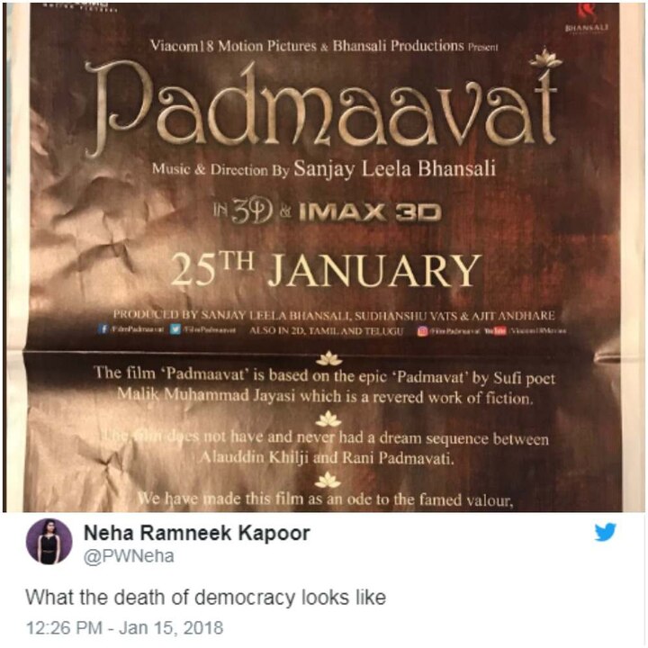 Twitter users angry over Padmaavat’s full page disclaimer ad Twitter users angry over Padmaavat's full page disclaimer ad