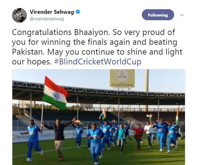 सहवाग ने ट्वीट कर लिखा, 'बधाई भाईयों. पाकिस्तान को एक बार फिर से हराने और फाइनल्स जीतने पर तुम पर गर्व है. दुआ है कि तुम ऐसे ही जगमगाते और हमारी उम्मीदों को रौशन करते रहो.'