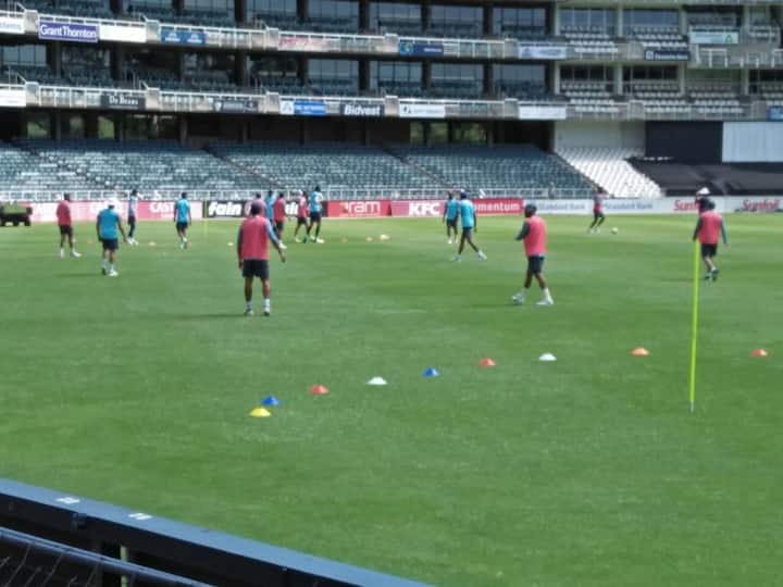 Team played the customary warm-up game of football before the net session.
