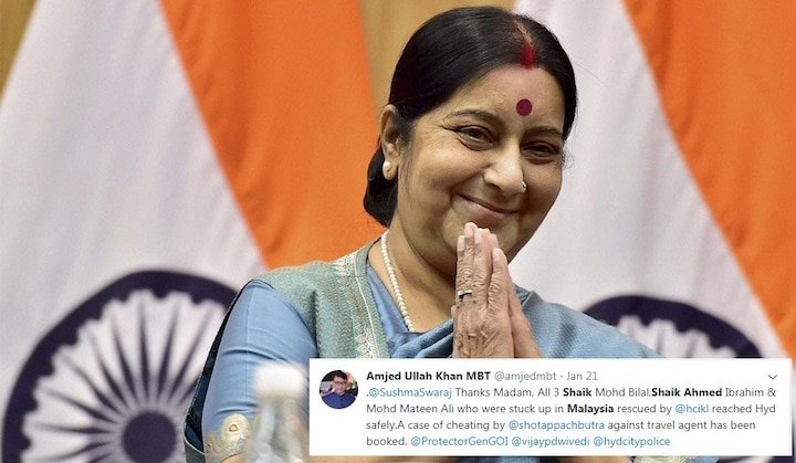 Sushma Swaraj wins our hearts again, comes to rescue Hyderabadi youths trafficked to Malaysia Sushma Swaraj wins our hearts again, comes to rescue Hyderabadi youths trafficked to Malaysia