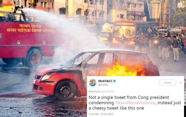 Environment ministy’s Twitter gaffe: Instead of condemning Karni Sena violence, Rahul Gandhi posting cheesy tweets Environment ministry's Twitter gaffe: 'Instead of condemning Karni Sena violence, Rahul Gandhi posting cheesy tweets'