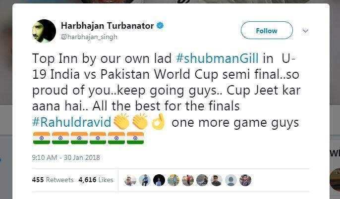 हरभजन सिंह ने भी ट्वीट कर कहा, 'भारत-पाकिस्तान अंडर-19 मुकाबले में हमारे शुबमन गिल ने बेहतरीन शतक लगाया, गर्व है. ऐसे ही प्रदर्शन करते रहो, कप जीतकर आना. राहुल द्रविड़ शानदार.'