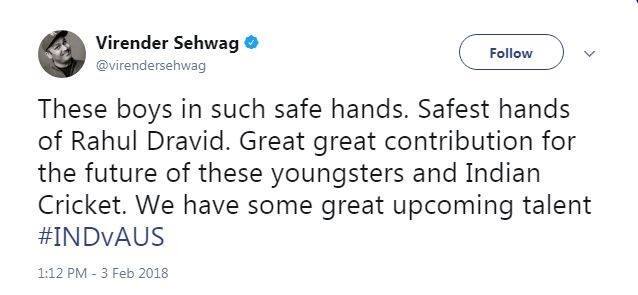 खिताब जीतने पर टीम इंडिया के पूर्व धुरंधर बल्लेबाज वीरेंद्र सहवाग ने भी खुशी जाहिर की है. उन्होंने टीम के कोच राहुल द्रविड़ की जमकर तारीफ की. उन्होंने कहा, “ये लड़के बेहद सुरक्षित हाथों में हैं. राहुल द्रविड़ के हाथों में. भारतीय क्रिकेट और इन नौजवान खिलाडियों के आने वाले कल के लिए शानदार योगदान. आने वाले दिनों के बेहतरीन खिलाड़ी.”