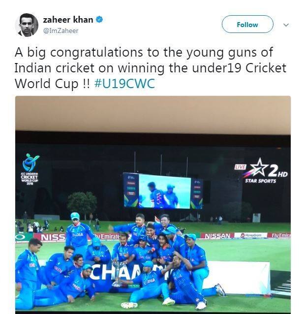 जहीर खान ने कहा, “इंडियन क्रिकेट टीम के इन नौजवानों को अंडर-19 वर्ल्ड कप जीतने पर खूब सारी मुबारकबाद.”