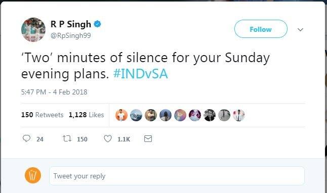 पूर्व गेंदबाज़ आरपी सिंह ने कहा, 'आपके संडे शाम के प्लेन के लिए दो मिनट का मौन.'