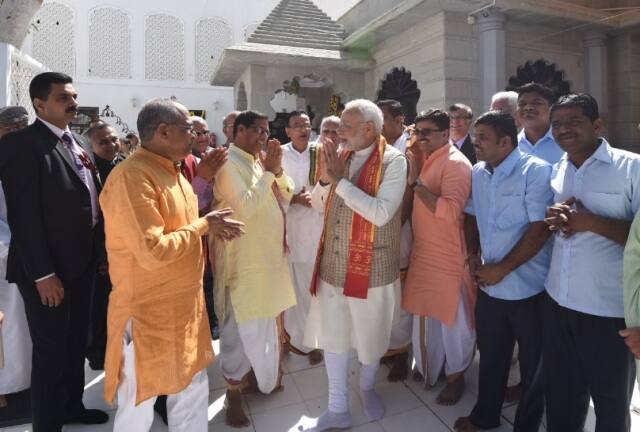 Modi, who arrived here from Dubai on the last leg of his three-nation tour, visited the temple located in the Matrah area.