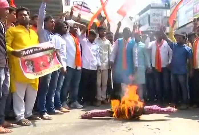 Hyderabad: Members of Bajrang Dal staged protest against Valentines Day. (Image Courtesy -ANI)