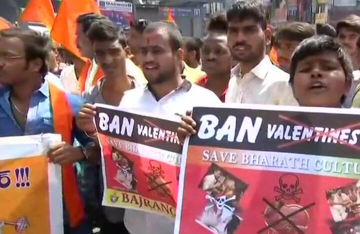 Hyderabad: Members of Bajrang Dal staged protest against Valentine's Day. (Image Courtesy -ANI)