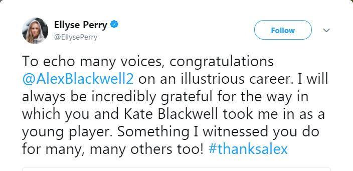 ऑस्ट्रेलिया की बेहतरीन खिलाड़ी एलिसे पेरी ने उन्हें एक बेहरतीन रॉल मॉडल बताया.