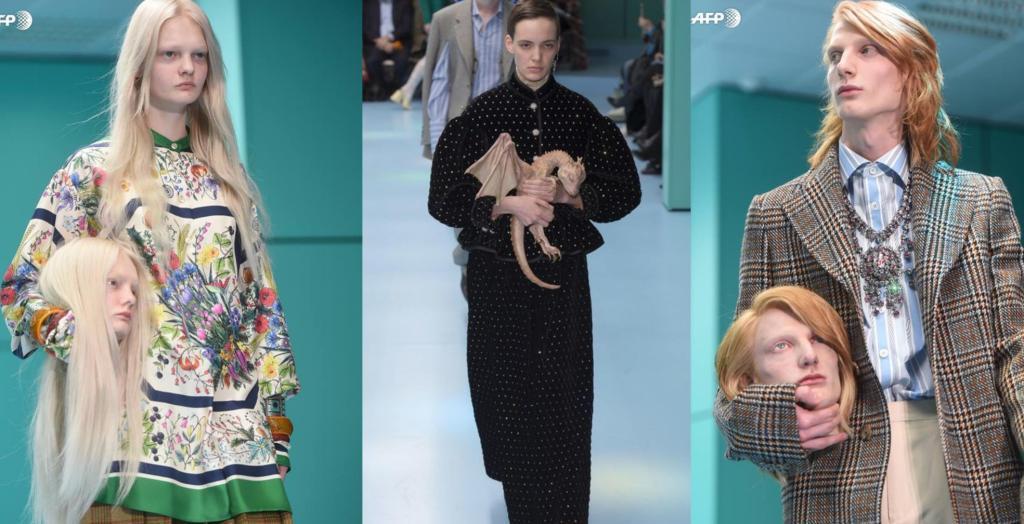 Gucci models carry their severed heads and dragons on 'operating room'  runway