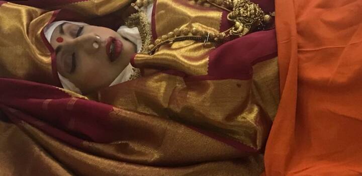 NEW DELHI: Sridevi's mortal remains were wrapped in the Tricolour. Sridevi was dressed in her favourite red and golden Kanjeevaram saree. (Image: ANI)