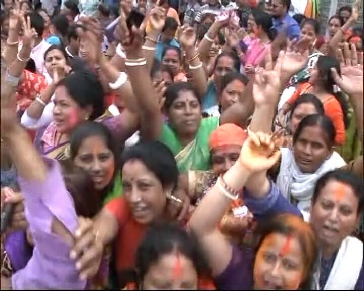 A large number of female party workers assembled in front of the BJP party office in Agartala to celebrate their resounding victory.