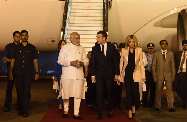NEW DELHI: French President Emmanuel Macron arrived here tonight on a four-day India visit and was received at the airport by Prime Minister Narendra Modi, in a special gesture.