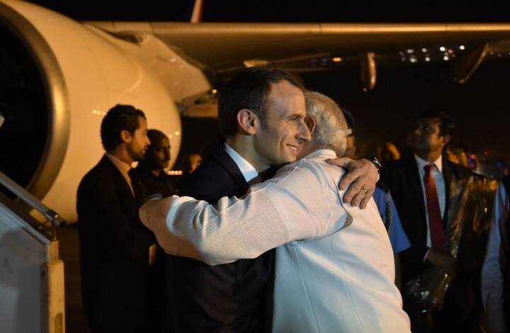 Prime Minister Narendra Modi broke protocol to receive France's President Emmanuel Macron at the airport when he arrived in New Delhi.