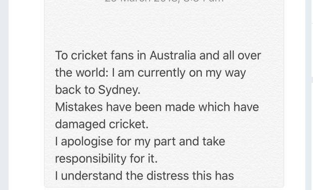 पहली बार अपनी बात रखते हुए वॉर्नर बोले, 'ऑस्ट्रेलिया और पूरे वर्ल्ड क्रिकेट में मौजूद मेरे सभी फैंस, मैं वापस सिडनी लौट रहा हूं. गलतियां हुईं हैं जिसने क्रिकेट का नुकसान किया है. मैं अपनी ओर से गलती मानता हूं और इसकी जिम्मेदारी लेता हूं.'