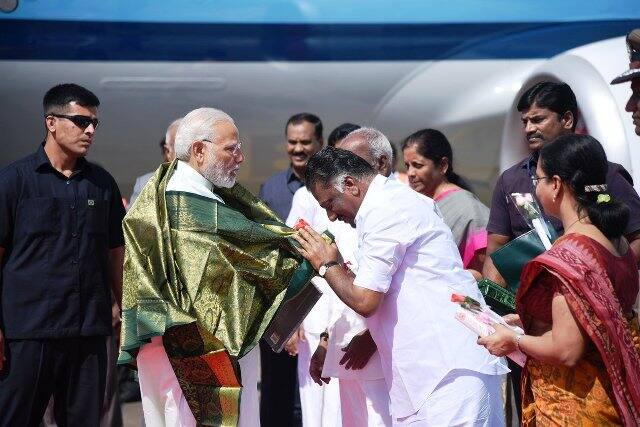 PM Narendra Modi was welcomed by dignitaries upon his arrival at Chennai earlier during the day. PIC/ BJP LIVE.