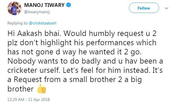 Former team mate and current member of Kings XI Punjab Manoj Tiwary defended Vinay asking Aakash Chopra not to highlight the unwanted performance 