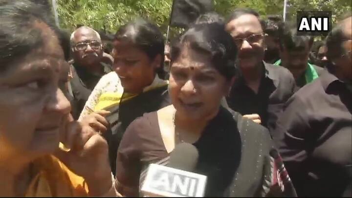 Chennai: DMK's Kanimozhi joins the party's protest against PM Modi's visit. PIC/ANI.