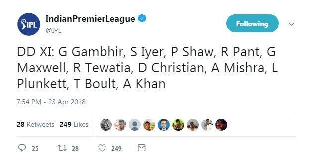Only minutes before start of play, did IPL corrected its mistake and came up with the correct team, that had five changes in it. The previous tweet was delete