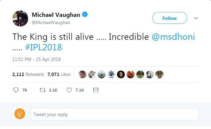 इंग्लैंड के पूर्व कप्तान माइकल वॉन ने ट्वीट करते हुए लिखा, 'किंग अभी जिंदा है. अद्भुत'.