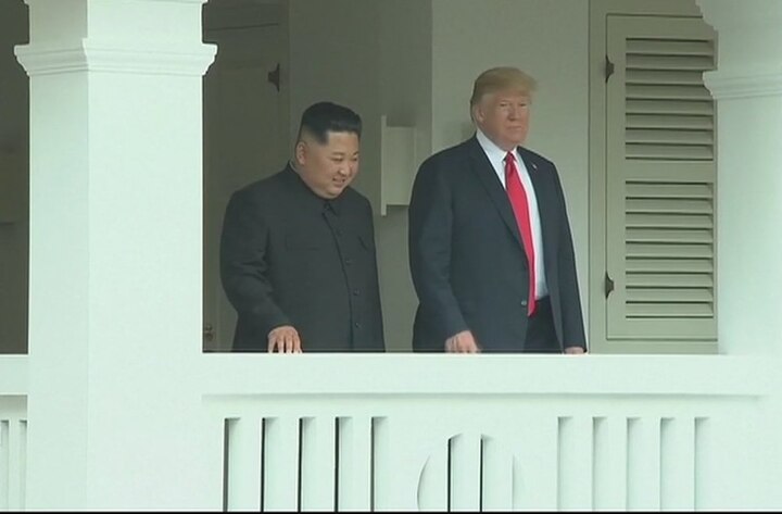 US President Donald Trump and North Korean leader Kim Jong Un walk together along balcony after one-on-one meeting. / ANI image