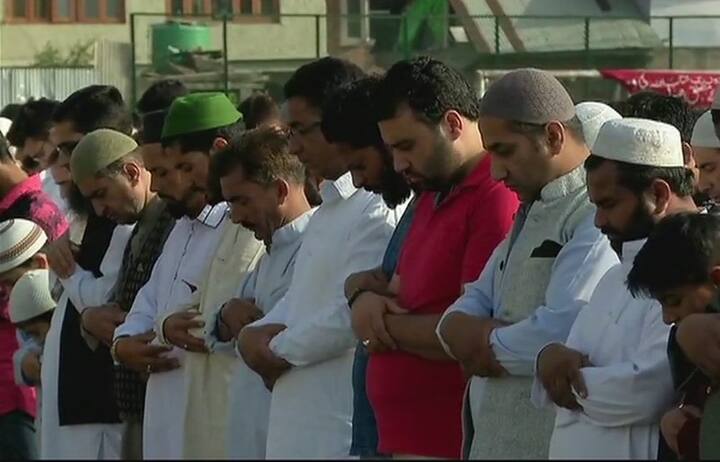 Visuals of people offering Namaz in Srinagar's Radapora on the occasion of Eid/ ANI image