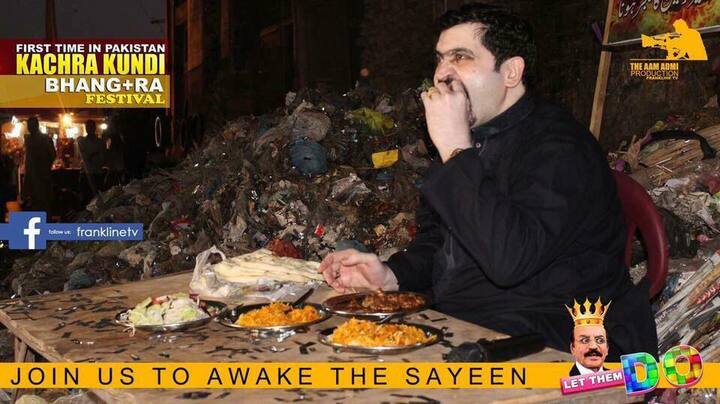The politician eats his meal close to a pile of garbage