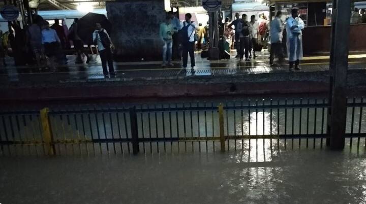  Mumbai Rains:Early morning visual from Nallasopara station, where Up and Down through line train service is halted due to water logging following heavy rains. (ANI) 
