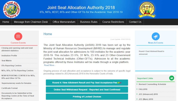 JoSAA 2018 round 4 seat allotment results announced at josaa.nic.in; Check details JoSAA 2018 round 4 seat allotment results announced at josaa.nic.in; Check detailsJoSAA 2018 round 4 seat allotment results announced at josaa.nic.in; How to check