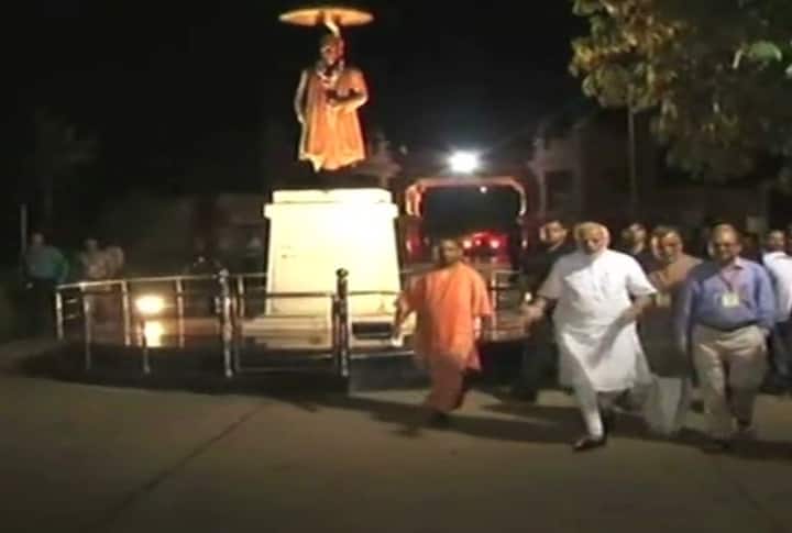 Prime Minister Modi was accompanied by Uttar Pradesh Chief Minister Yogi Adityanath. Wrapping up his two-day visit to eastern Uttar Pradesh, the Prime Minister will visit Mirzapur on Sunday where he will dedicate the Bansagar Canal Project to the nation. (ANI)