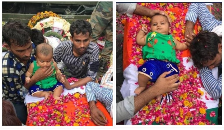 Dead Jawan's 5-month-old child sits on his coffin, making everyone emotional Martyred Jawan's 5-Month-Old Child Sits On His Coffin Wrapped In Tricolour Before Funeral Ceremony