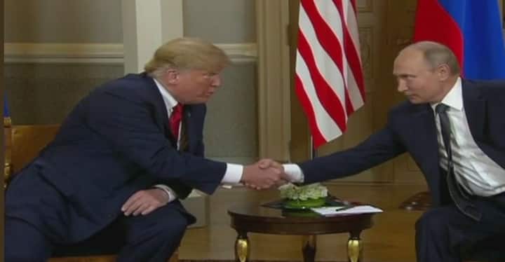 US President Donald Trump and Russian strongman Vladimir Putin, on Monday opened a historic summit in Helsinki with their historic ‘hand-shake’./ Image: ANI