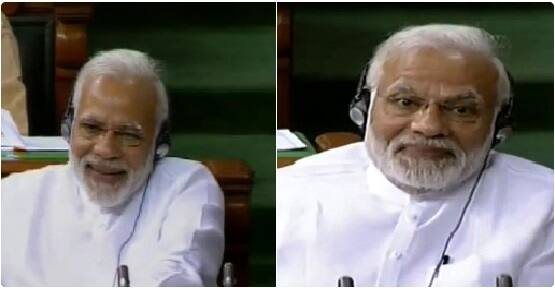 PM Narendra Modi's reaction when Rahul Gandhi said 'Pradhanmantri apni aankh meri aankh mein nahi daal sakte'. (Image Courtesy: ANI)