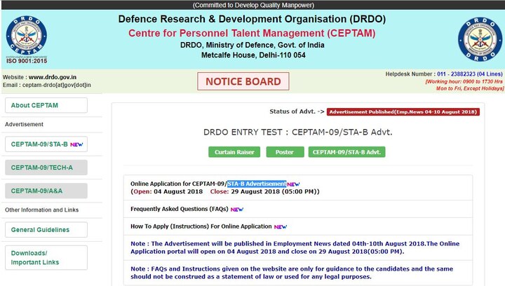 DRDO Recruitment 2018: Apply online for 494 Senior Technical Assistant ‘B’ Posts at drdo.gov.in DRDO Recruitment 2018: Apply online for 494 Senior Technical Assistant ‘B’ Posts at drdo.gov.in