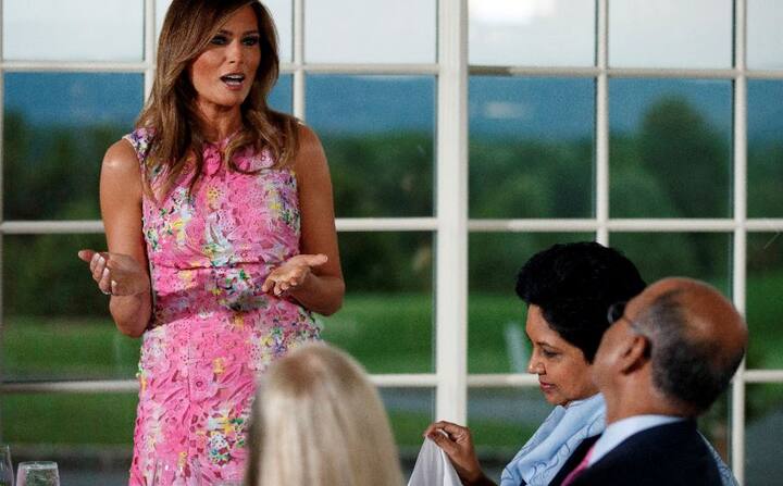 The dinner was hosted on Wednesday at Trump National Golf Club in Bedminster New Jersey. PepsiCo's departing CEO Indra Nooyi, is second from right / (Image: AP Photo/Carolyn Kaster)