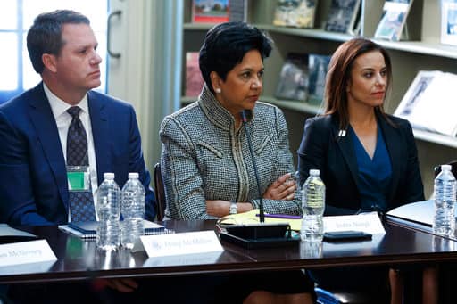 Nooyi and Banga were accompanied by their spouses Raj Nooyi and Ritu Banga, according to an updated list of attendees provided by the White House. Among the 15 prominent business leaders attending the dinner hosted by Trump yesterday were Fiat Chrysler CEO Michael Manley, FedEx president and CEO Fredrick Smith and Boeing's chief executive officer Dennis Muilenburg. Trump's wife Melania Trump, daughter Ivanka Trump and her husband Jared Kushner also attended the dinner. (AP Photo/Evan Vucci, File)