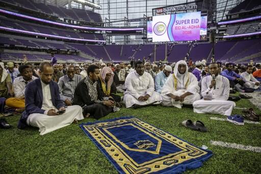 US: Muslims worshipers in America gather at the US Bank Stadium in numbers during the Eid al-Adha prayers in Minnesota for an event being called as ‘Super Eid’. /Image: AFP, Kerem Yucel