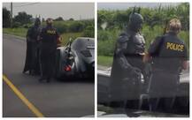 WATCH: Man dressed up as Batman riding Batmobile gets pulled over by police..for a selfie!