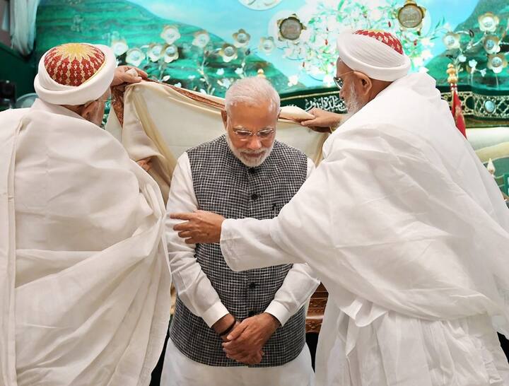 The prime minister, who was felicitated by Saifuddin on his arrival at the mosque, showered praise on the Bohra Muslim community for globally spreading the message of co-existence. PTI Photo