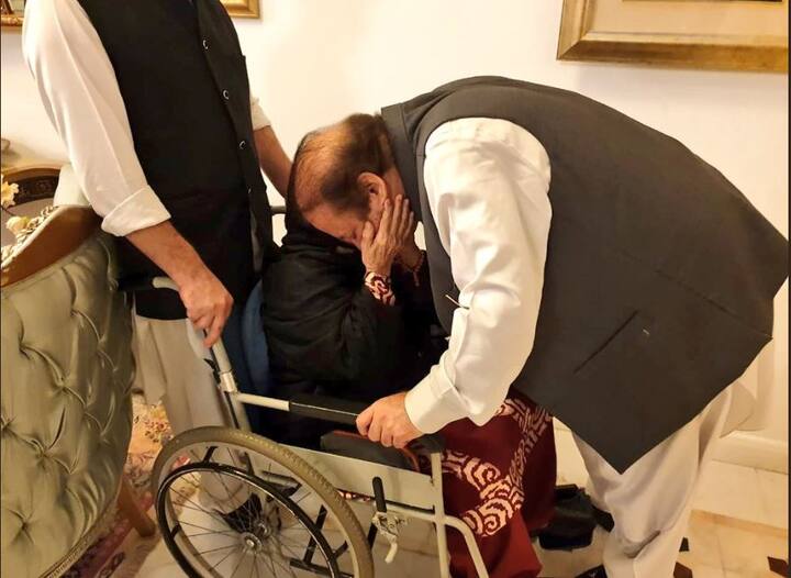 Nawaz Sharif gets an emotional greeting from his mother upon his arrival at his residence./ Image: Twitter (PML-N)