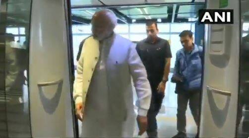 He boarded Delhi Metro while on his way to lay the foundation stone of India International Convention and Expo Centre. Photo: ANI