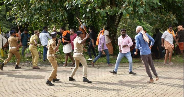 The protesters checking and blocking entry of women clashed with police at Nilakal, the base camp, which is about 20 km from the hill temple./ Image: PTI