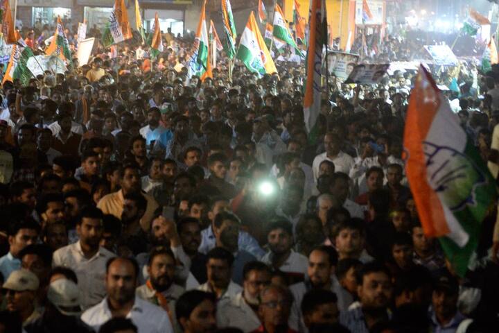 The Congress chief was accompanied by the party's state unit chief, Kamal Nath, and Jyotiraditya Scindia, who heads its state campaign committee. 